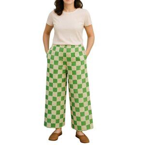 Anthropologie Flat White Womens Green Cream Checker Crochet Wide-Leg Pants M